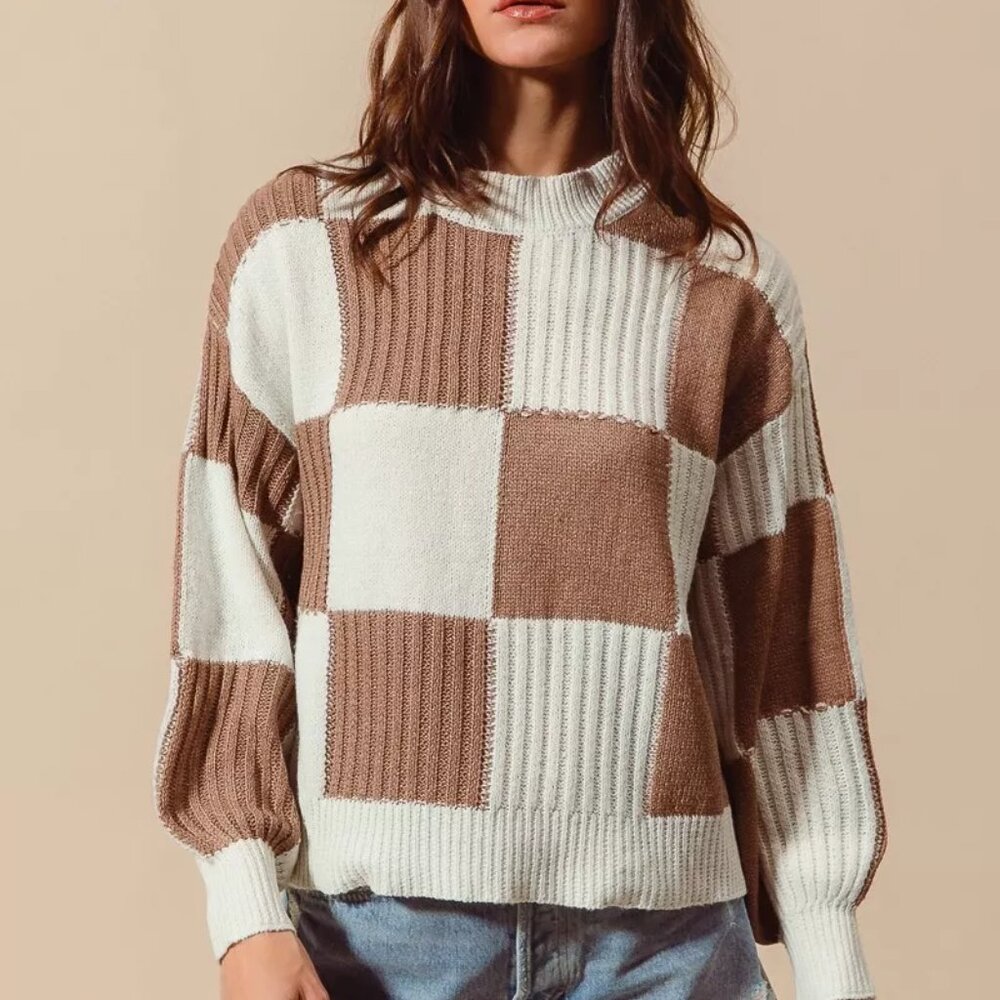 SO ME Ribbed Color Block Checkered Plaid Sweater‎